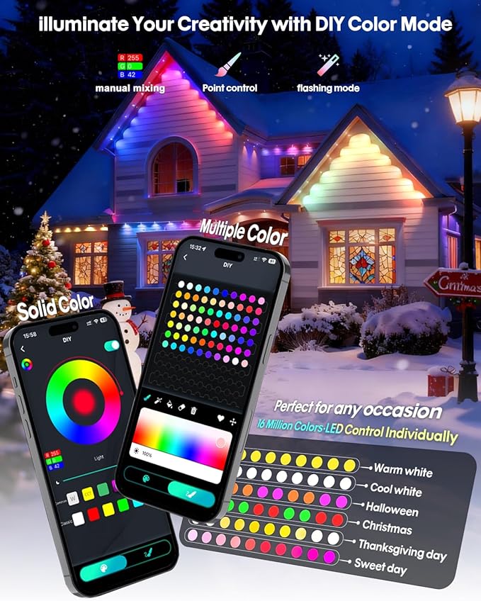 Permanent Outdoor Lights 100FT, Smart RGB+IC Eave Lights with Remote APP Control, DIY LED Color Individual, White & Colorful Christmas String Light, IP67 Waterproof for House Outside Decor
