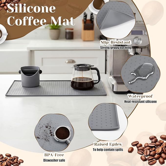 9 Pcs Espresso Knock Box Kit 18.9" x 11.8" Grey Silicone Coffee Mat Espresso Tamping Mat with Coffee Station Organizer Removable Rod 6 Coasters Under Machine Accessories Set for Home Barista