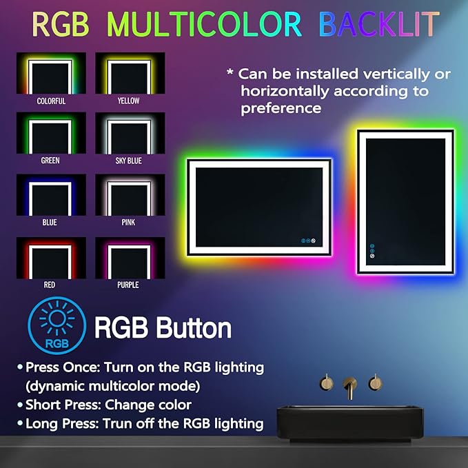 30 x 20 Inch Square LED Bathroom Mirror with Front Lights 3 Color + Rainbow RGB Backlit Light up Mirror for Bathroom Wall Mounted Lighted Vanity Mirror Anti Fog RGB 30x20 Smart Lighted Mirror