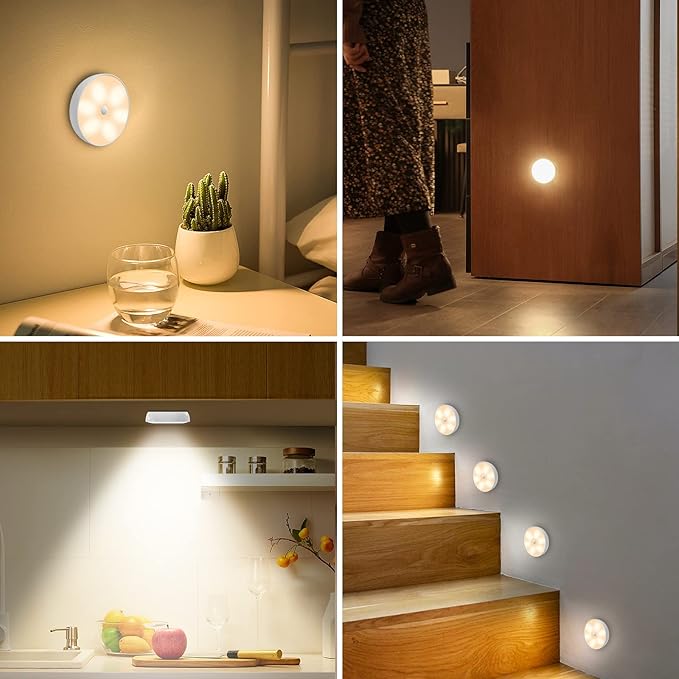 Motion Sensor Step Lights, 8 Colors Changeable RGB LED Closet Lights, USB Rechargeable Battery Operated Puck Light, Dimmable Under Cabinet Counter Kitchen Stair Lighting (5 Pack)