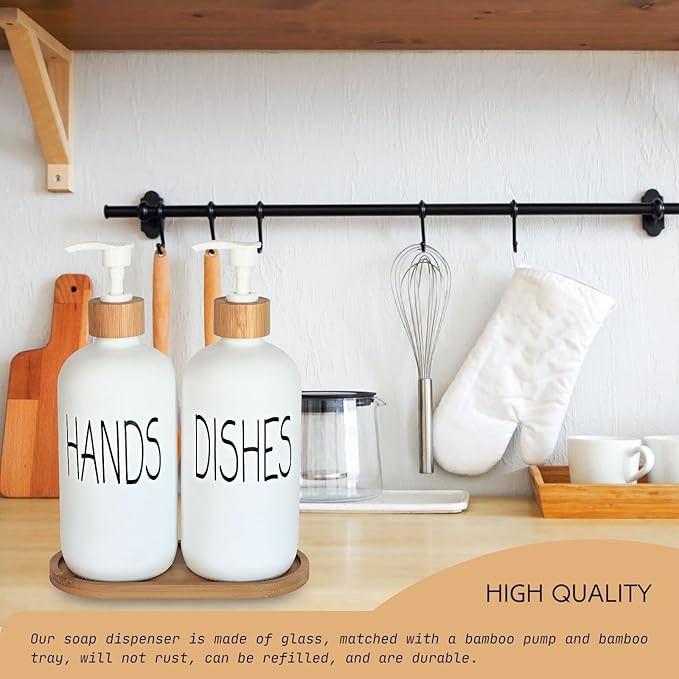 Glass Soap Dispenser Set - Hand Soap and Dish Soap Dispenser with Bamboo Tray. Vintage Soap Dispenser with Pump for KitchenKitchen Drain Outlet and Bathroom. Stylish Permanent Labels (Matte White)