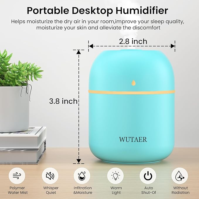 Portable Small Humidifier, WUTAER USB Personal Desktop Humidifier for Car, Office Room, Bedroom, Auto Shut-Off, 2 Mist Modes, Super Quiet(220ml, Green)