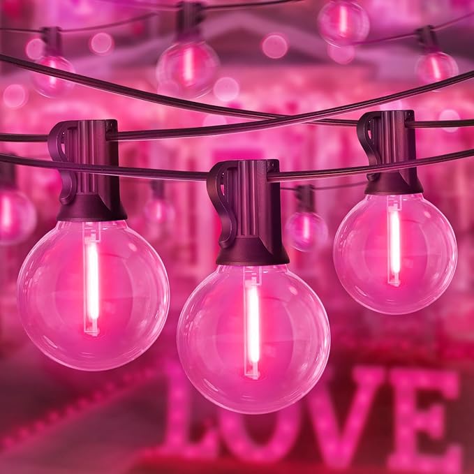 LAMPHOME LED Outdoor String Light, 26Feet Patio Lights with 12+1Edison Shatterproof Bulbs(1Spare), UL Waterproof Outside Lights connectable Dimmable for Backyard Porch Decor,Pink