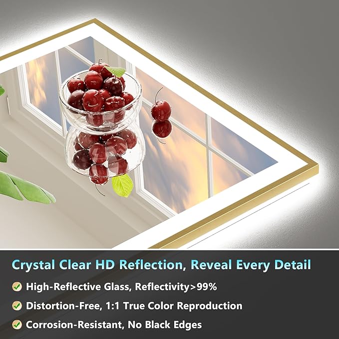 72x40 Gold LED Bathroom Mirror with Lights, Brushed Gold Framed Backlit and Front Lit Anti-Fog Lighted Vanity Mirrors for Bathroom Wall, Dimmable, 3 Colors, Memory, HD Tempered Glass, CRI＞90