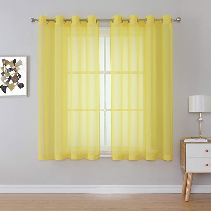 KEQIAOSUOCAI Vibrant Yellow Sheer Voile Window Treatment Grommet Top Curtain Panels for Bedroom and Living Room (54 x 63 inches Long, Set of 2)