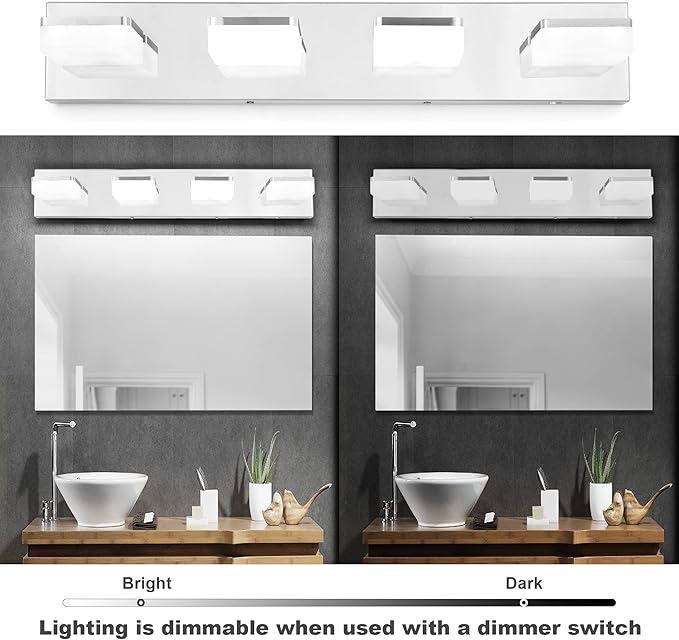 3 Colors Dimmable Vanity Lights for Bathroom, LED Chrome 4 Light Vanity Light, Acrylic Stainless Steel Bathroom Light Fixtures Over Mirror, Adjustable 3000K/4000K/6000K, 360° Rotate