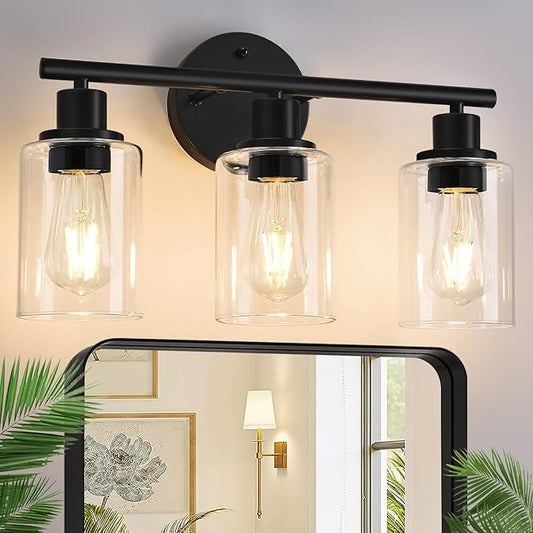 3-Light Bathroom Light Fixtures, 17.23" Black Modern Vanity Lights with Clear Glass Shade, Bathroom Wall Lamp for Mirror Kitchen Living Room Hallway Cabinet Porch