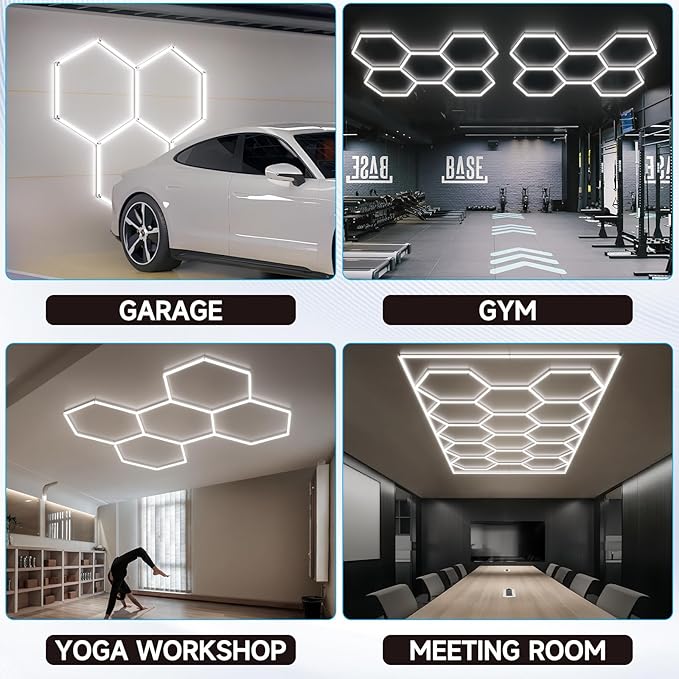 Hexagon Garage Lights 192W 23040LM Super Bright，6500K Daylight White LED - Honeycomb Garage Ceiling Lighting Fixture for Basement, Gym, Workshop, Salon & Commercial Spaces 5 Hex