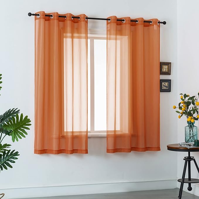 DUALIFE 54 Inch Length Sheer Curtains Burnt Orange for Bathroom 2 Panels Set Grommet Small Transparent Short Curtains for Bedroom Kitchen 52x54 Inches Long Terracotta Rust