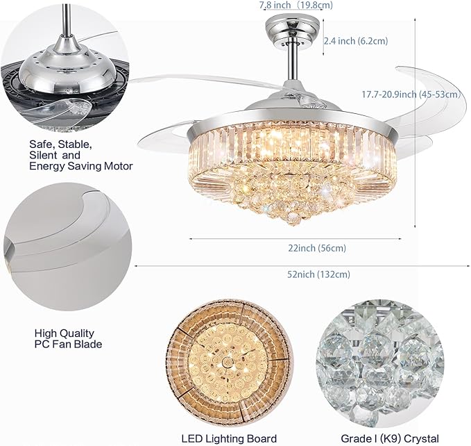 52” Bluetooth Ceiling Fan with Light and Speaker,RGB Retractable Blades Crystal Fandelier Music Player LED Chandelier 6-Speed APP Control Timer Remote for Bedroom Silver
