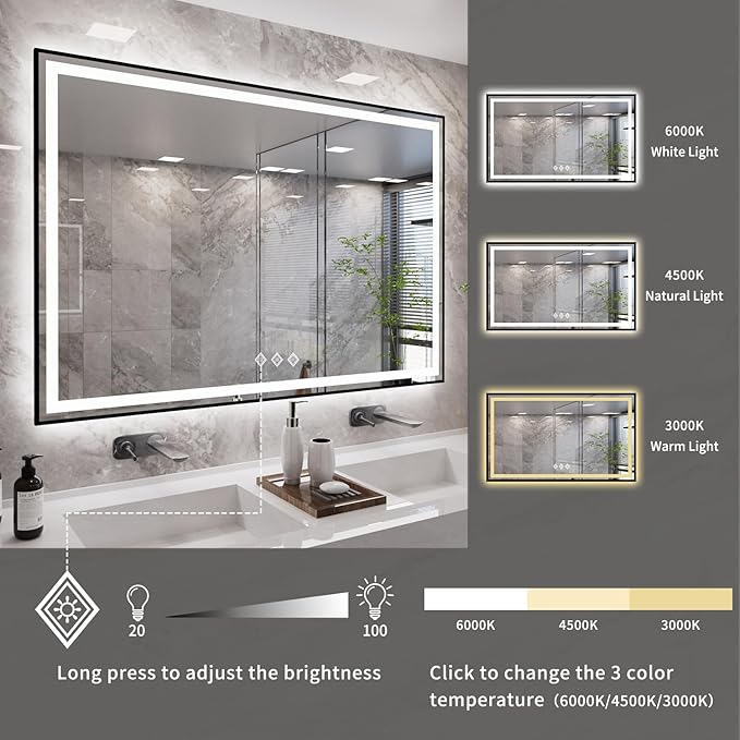 LED Mirror, 60x36 Inch Black Framed Gradient Front and Backlit Bathroom Mirror Black Frame, 3 Colors Dimmable CRI>90, IP54 Enhanced Anti-Fog Wall Mounted Bathroom Vanity Mirror