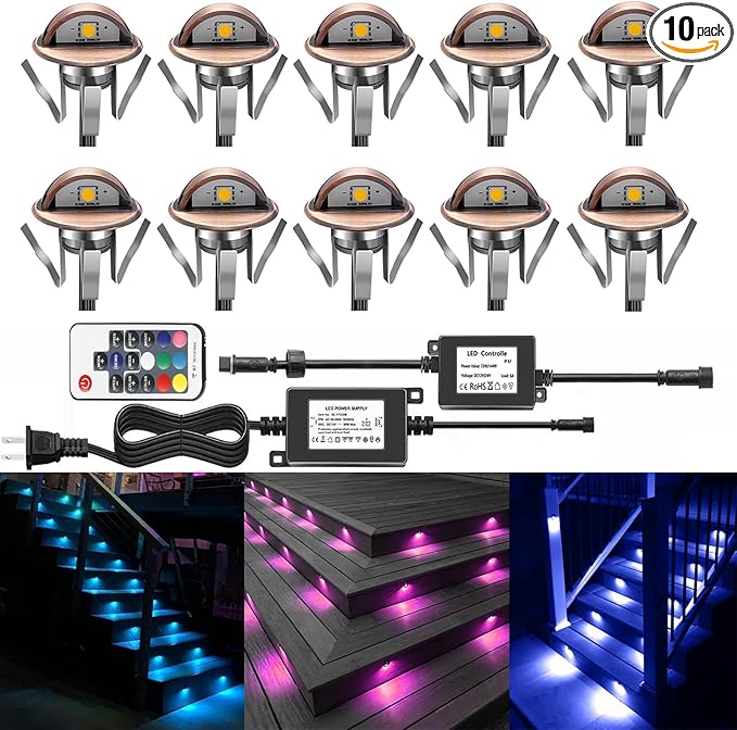 LED Deck Stair Lighting Kit, Low Voltage Patio Deck Lamp IP65 Φ1.38 Indoor Outdoor Wood RGB Multicolored Recessed Yard Garden Patio Step Landscape Pathway Decor Lights, Bronze(RGB, Pack of 10)