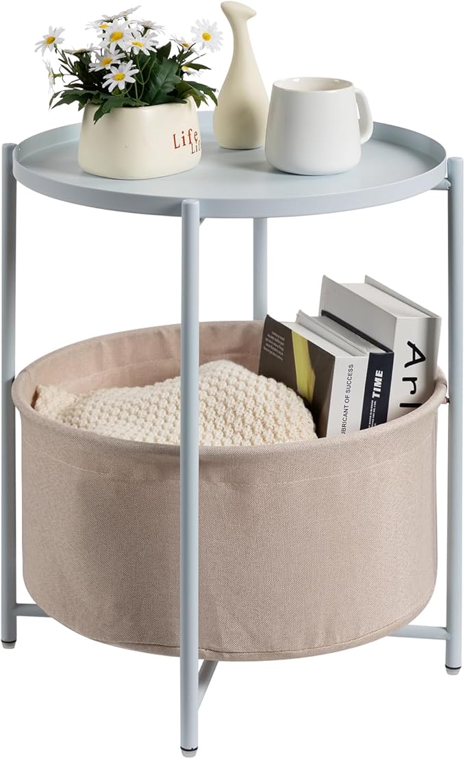 danpinera Round Side Table with Fabric Storage Basket, Metal Side Table Small Bedside Nightstand with Removable Tray Top for Living Room, Bedroom, Nursery, Laundry, Blue-Gray
