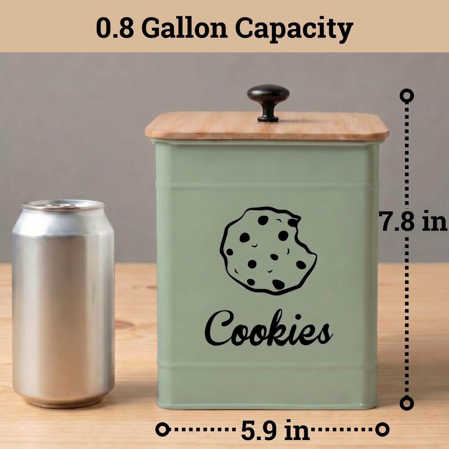 Cookie Jar with Airtight Lid - 1 Gallon - 6"D x 8""H Green Iron Cookie Tin with Bamboo Lid - Large Cookie Jars with Lids Airtight - Farmhouse Cookie Jars for Kitchen Counter Decorative - Cookies Jar"