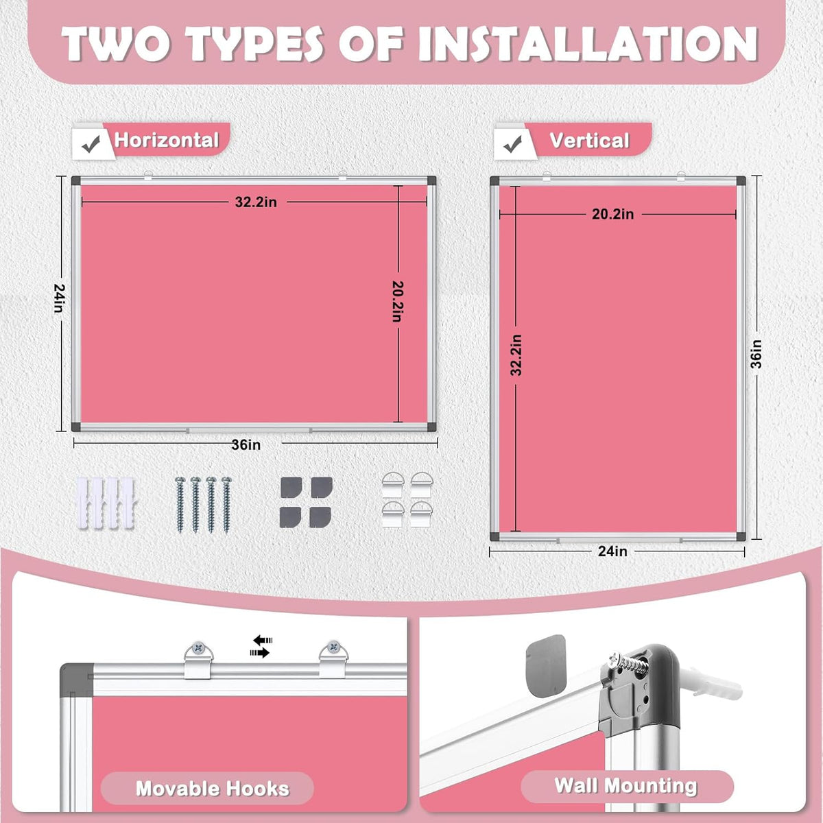 WALGLASS Magnetic Whiteboard 36"x24" Dry Erase White Board for Walls with Pen Tray, Aluminium Frame and Dry-Wipe Writing Surface for Kids' Drawing, Home, and Office (Pink)