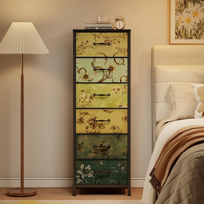 Furnulem Tall 6 Drawers Dresser, Vintage Storage Organizer Unit with Fabric Bins for Bedroom, Living Room, Closet, Nusery, Dorm, Entryway, Bedside Furniture, Sturdy Metal Frame, Wood Top