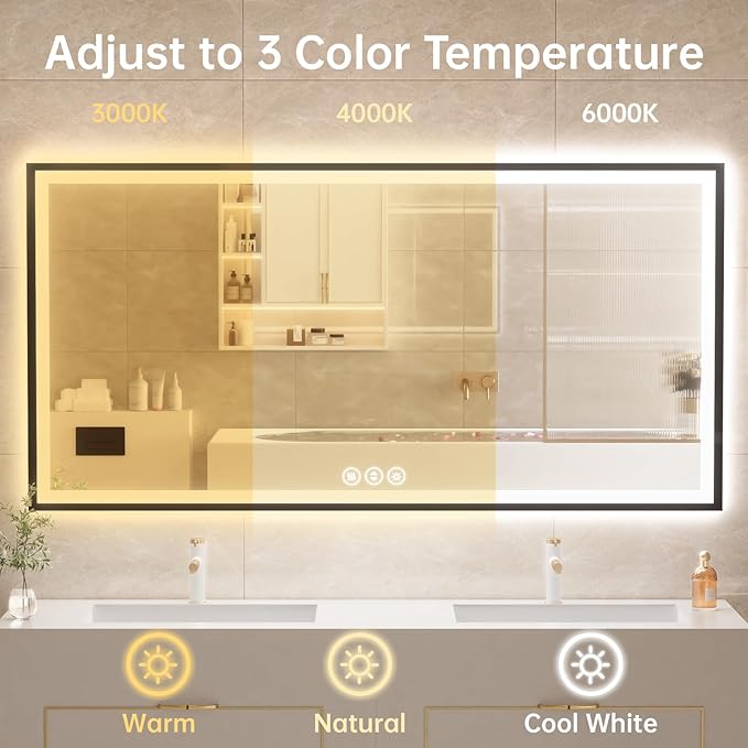 55x30 LED Bathroom Mirror with Lights, Black Aluminum Framed, Backlit + Front Lit, Lighted Bathroom Vanity Mirror for Wall, Anti-Fog, Memory Function, Dimmable, Shatterproof ETL Listed
