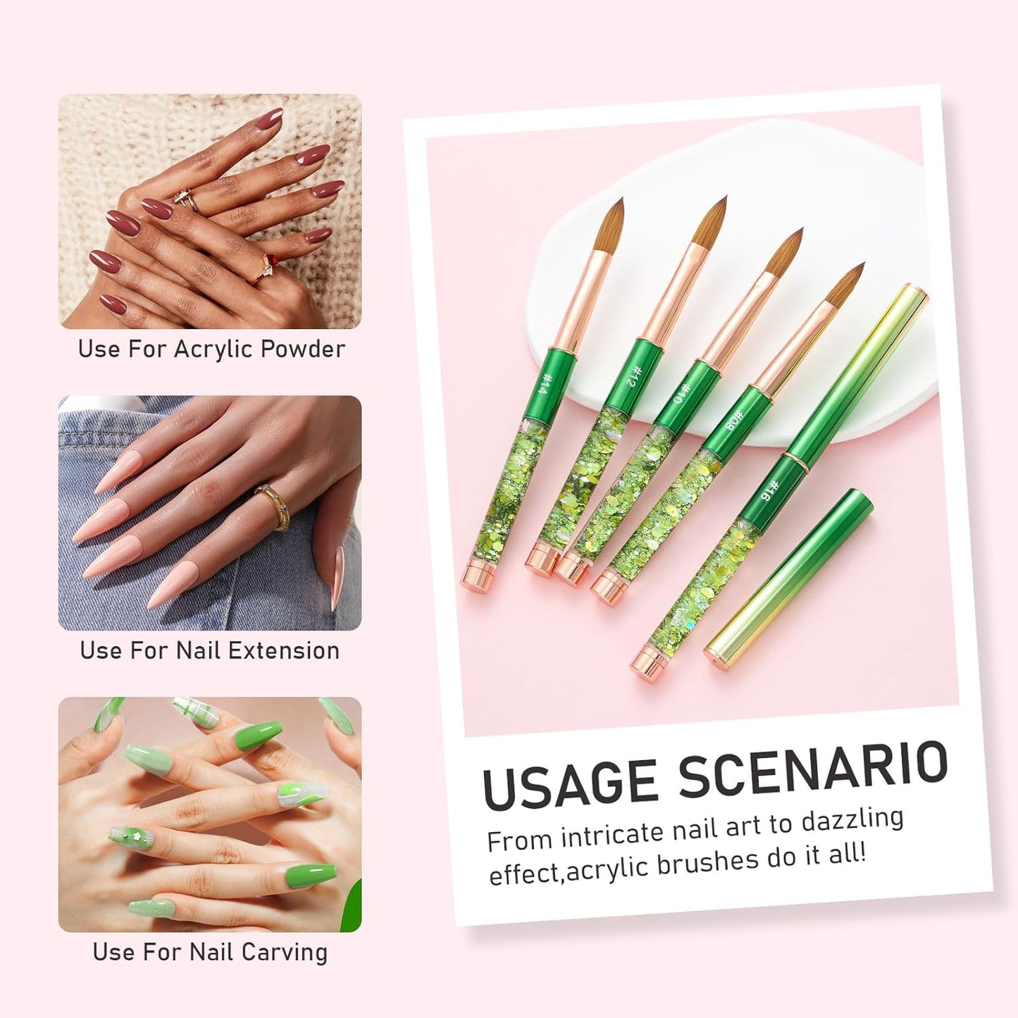Acrylic Nail Brush Size #16, KEMEISI 100% Pure Kolinsky Nail Art Brushes Sturdy Handle Oval Shaped Acrylic Powder Nail Design Tools for Professional Manicure DIY Home Salon (Green)