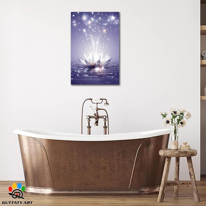 Zen Canvas Wall Art, White Lotus Flower Bloom in Water Picture, Zen Blue Flower Painting, Modern Framed Spiritual Home Artwork for Yoga Spa Meditation Spiritual Room Living Room Office 18x24 inch