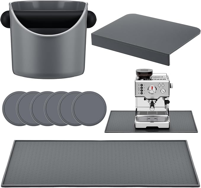 9 Pcs Espresso Knock Box Kit 18.9" x 11.8" Grey Silicone Coffee Mat Espresso Tamping Mat with Coffee Station Organizer Removable Rod 6 Coasters Under Machine Accessories Set for Home Barista