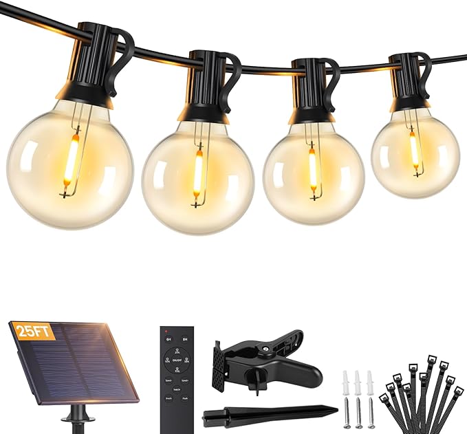 Brightever 25FT Solar String Lights Outdoor Waterproof, G40 Solar Lights with Remote and 10+1 LED Shatterproof Globe Bulbs, Dimmable&3 Lighting Modes, Solar Power Patio Lights for Balcony Garden Porch