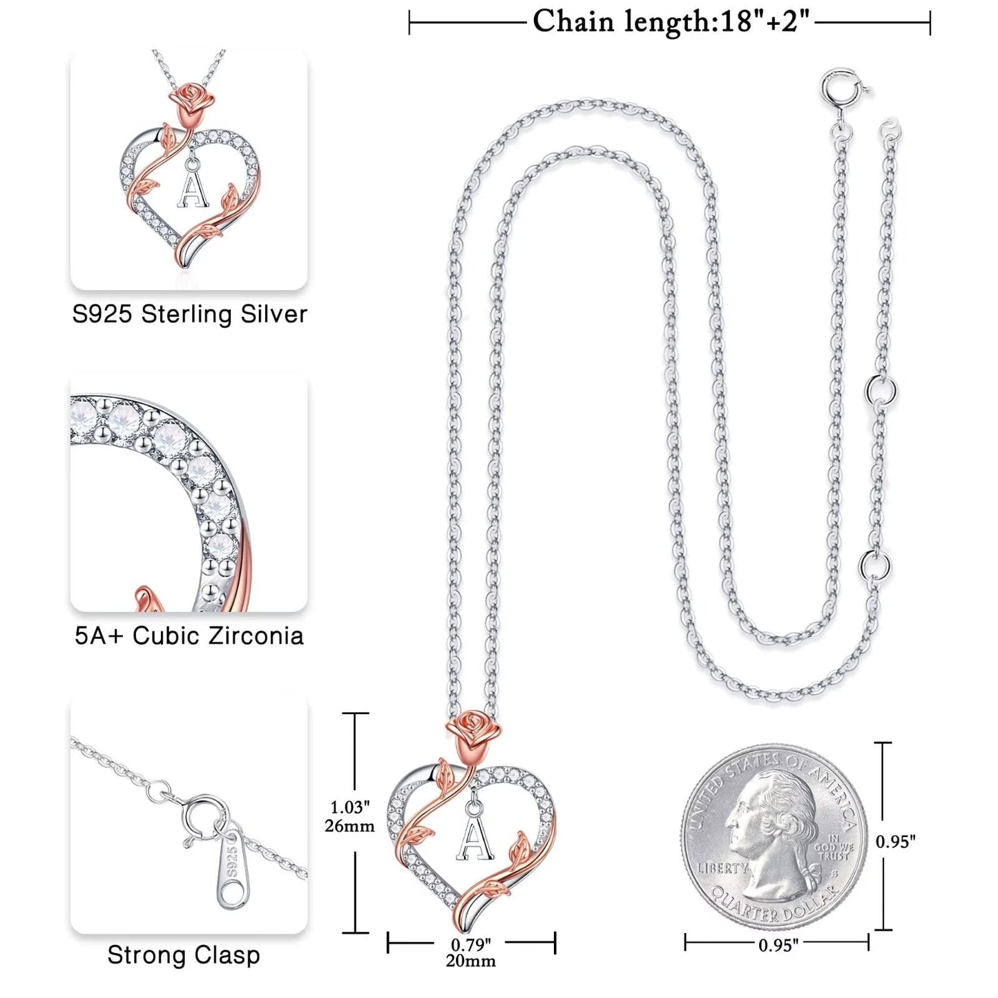 Iefil Sterling Silver Necklace for Women, Dainty Rose Love Heart Initial A Letter Pendant Necklace Jewelry Gifts for Mom Wife Girlfriend Birthday Anniversary