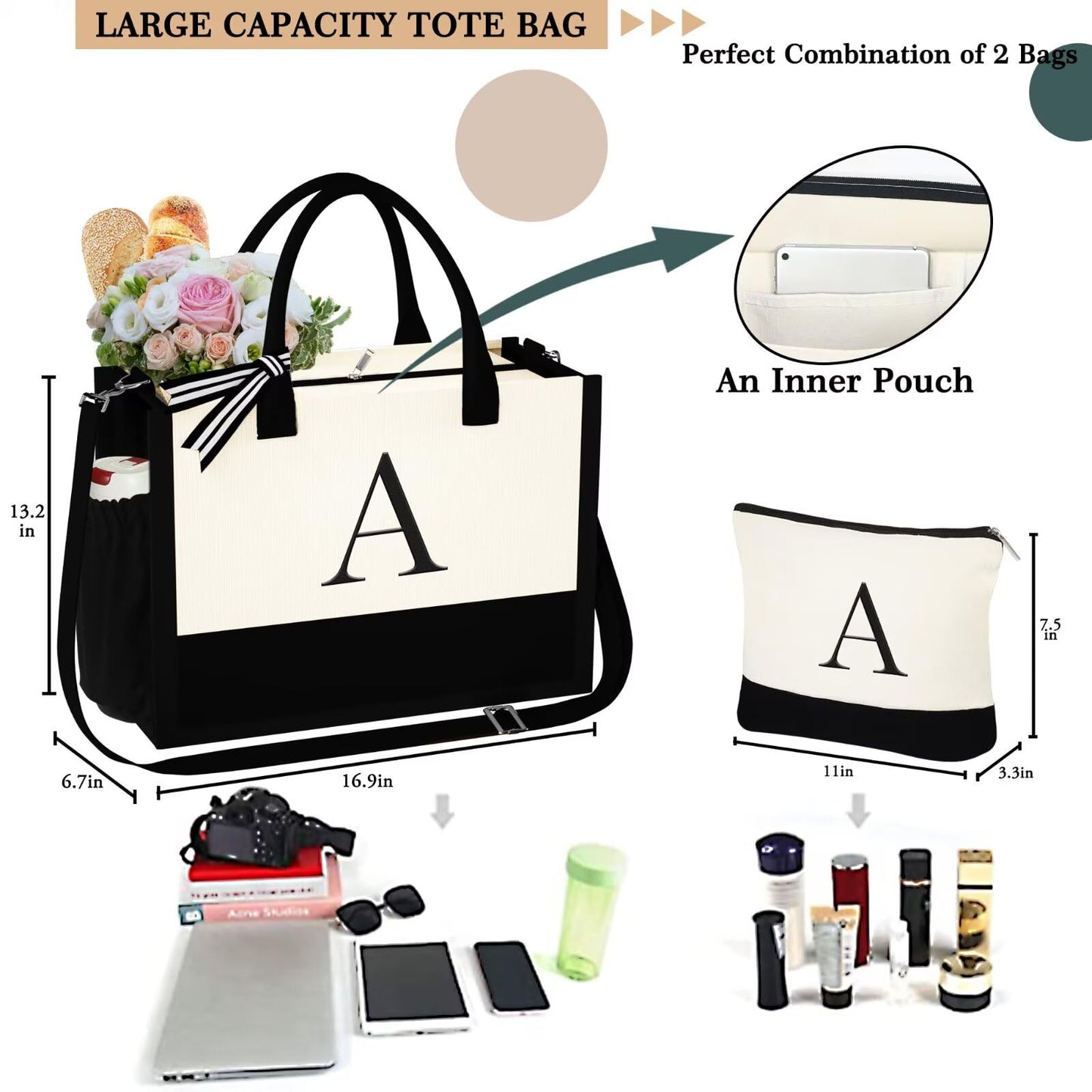 YOOLIFE Gifts for Women - Initial L Canvas Tote Bag & Makeup Bag, Birthday Gifts for Women Her Wife Mom Friend Teacher