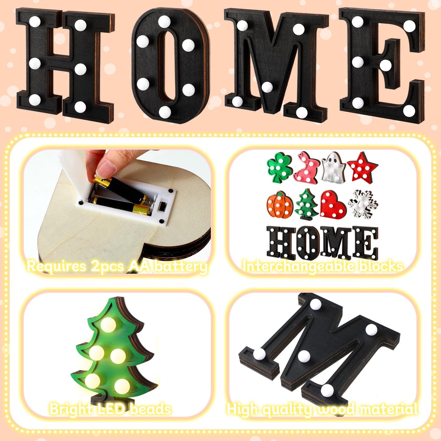Aurelema Interchangeable Home Table Signs with 8 Pcs Seasonal Icons Wooden "home"" Letter Signs with LED Marquee Light up 4th of July Table Decorations Decorative Centerpiece for Room Decoration"