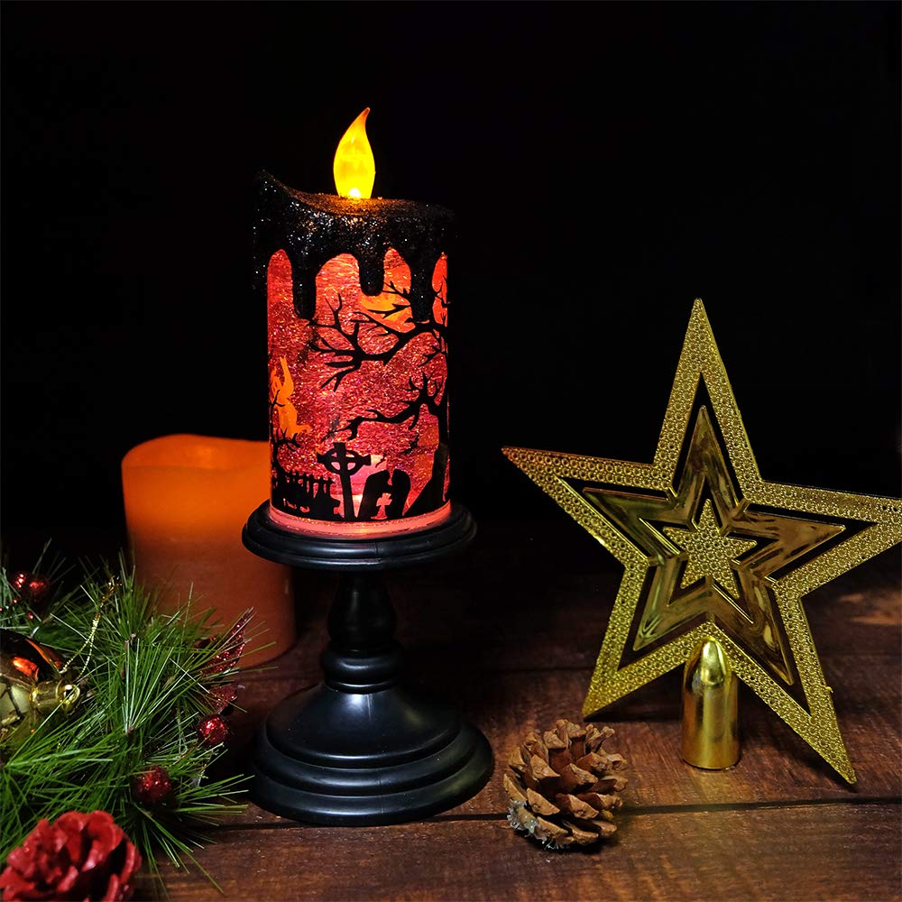 Eldnacele Halloween Snow Globe Candles Lighted Lamp, Battery Operated Spinning Water Glittering Tornado Flameless Candles Table Centerpiece for Halloween Decoration Indoor(Ghost)