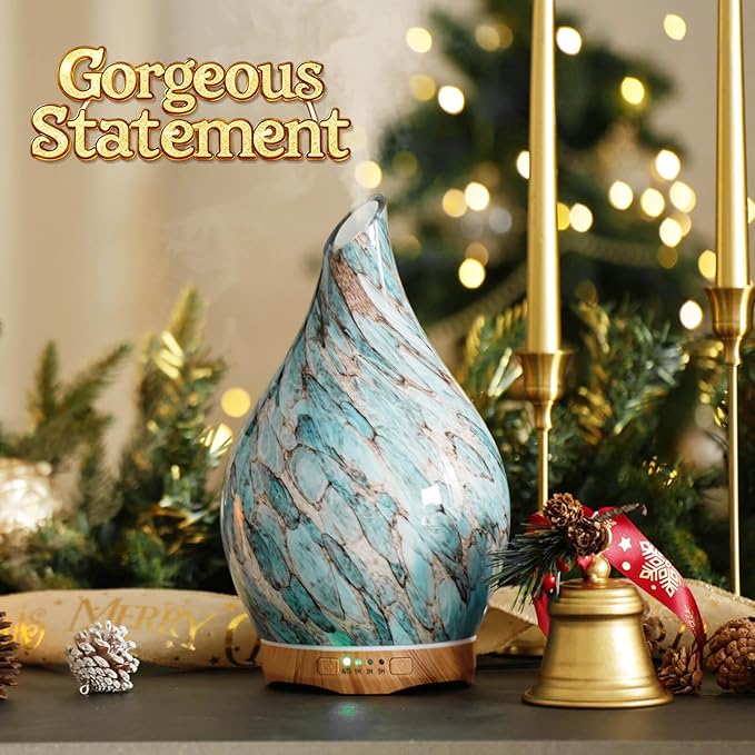 Porseme 280ml Essential Oil Diffuser Glass Color Changing Aroma Air Diffusers Aromatherapy Ultrasonic Cool Mist Humidifier with Remote Control 7 Running Hours Waterless Auto-Off (Light Blue)