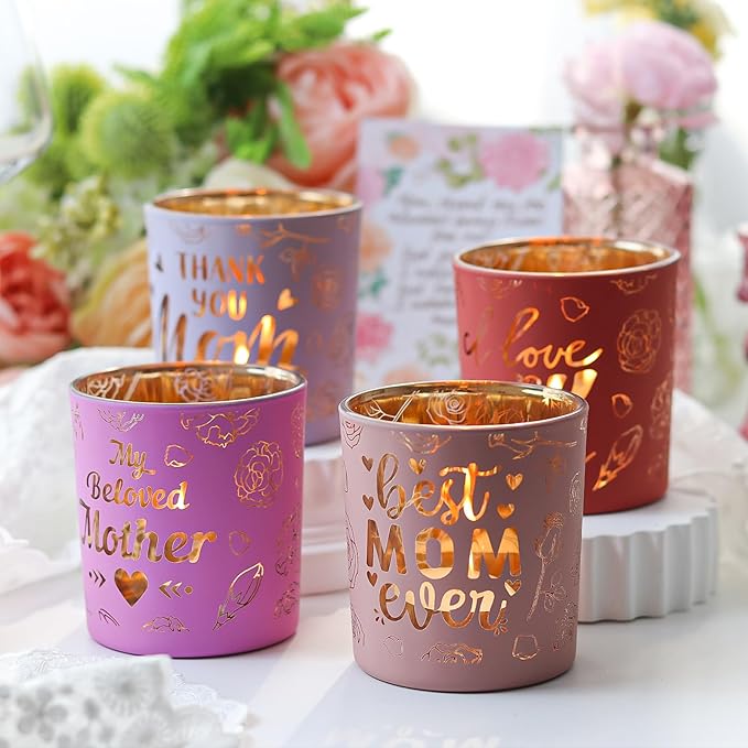 SHMILMH Thanksgiving for Mom from Son Daughter, Mothers Day Table Decoration 4 PCS, Glass Candle Jar Votive Candle Holder for Mother's Birthday Party Decor