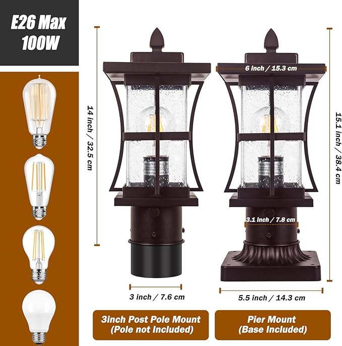 Dusk to Dawn Bronze Outdoor Post Light Fixtures with Pier Mount Base, 2 Packs Outdoor Pole Lighting, Waterproof Pillar Lantern, Farmhouse Outside Column with Seeded Glass for Pathway, Garden, Patio