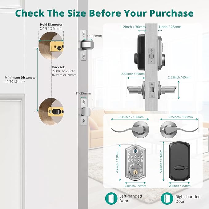 DS10 Keyless Entry Door Lock with 2 Lever Handle, Fingerprint, Keypad Code, 2 Keys, Smart Locks for Front Door, Bedroom, One-time Code, Auto-Lock, Easy Installation - Satin Nickel