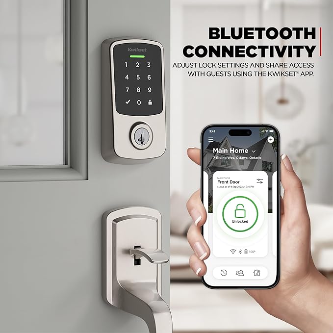 Kwikset Aura Reach Smart Lock Matter Over Thread and Bluetooth Enabled Keyless Entry Door Lock Deadbolt, BHMA Certified, Proximity Wakeup, Geofence Auto-Unlock Satin Nickel