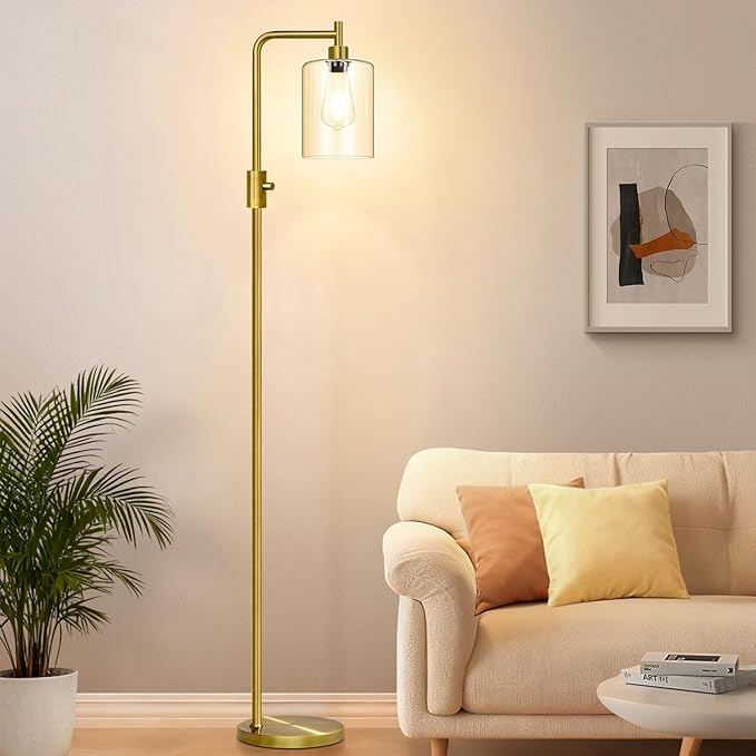 【Upgraded】Dimmable Floor Lamp for Living Room with Clear Glass Lampshade, Brass Modern Floor Lamp with 900LM Edison Bulb Included, Bright Standing Tall Lamp for Bedroom, Office, Reading Room, Corner
