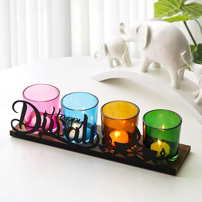 Diwali Home Decoration, Diwali Gifts, Colorful Glass Votive Tealight Candle Holders with Wooden Tray for Table Centerpiece