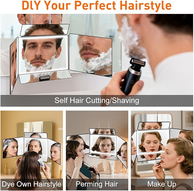5 Way Mirror for Self Hair Cutting,360 Haircuts Mirror Men for Barber Use Tools,to See Back of Head,Tri Fold with Portable Height Adjustable Telescoping Hooks