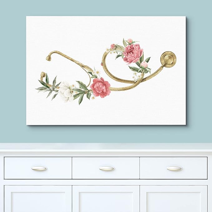 wall26 Canvas Print Wall Art Gold Doctor's Stethoscope Rose Flowers Medical & Hospital Health Illustrations Modern Art Floral Botanical Colorful Decorative for Living Room, Bedroom, Office - 12"x18"