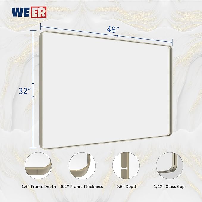 WEER 48X32 Inch Brushed Nickel Bathroom Mirror, Brushed Silver Metal Frame Mirror, Rounded Rectangle Silver Bathroom Vanity Mirror, Tempered Glass, Anti-Rust, Hangs Horizontally or Vertically