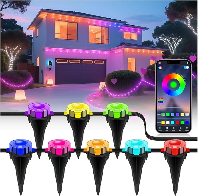 RGB Outdoor Ground Lights 50 FT, Permanent Outdoor Lights for House, Bluetooth Music Sync, IP67 Waterproof, Timer, Remote & App Control for Eaves,Landscape and Pathway Lights.