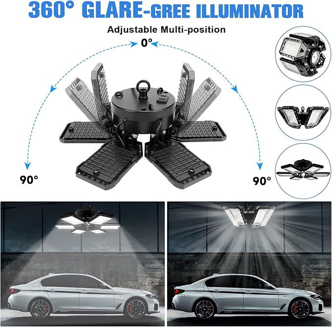 LED Garage Lights 4 Pack -180W, 18000LM 6500K Led Shop Light with 6+1 Deformable Panels, Basement Barn Light Garage Ceiling Lights, E26/E27 for Garage, Warehouse, Shop, Basement