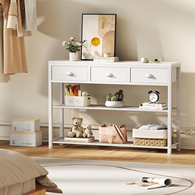 Furologee White Entryway Table, 38'' Console Sofa Table with 3 Fabric Drawers, Industrial Entry Way Table with Storage Shelves, Display Shelf for Living Room, Hallway, Entrance, Foyer