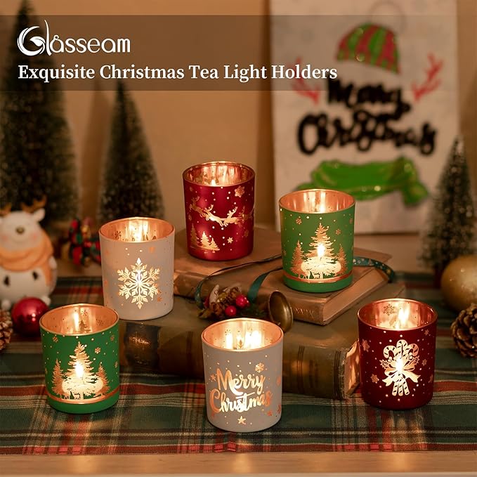 Glasseam Christmas Votive Candle Holders: Glass Tealight Candle Holder Set of 6 Tea Candle Holder for Jar Candles Red Green White Candle Holders for Table Centerpiece Home Xmas Party Decorations Gifts