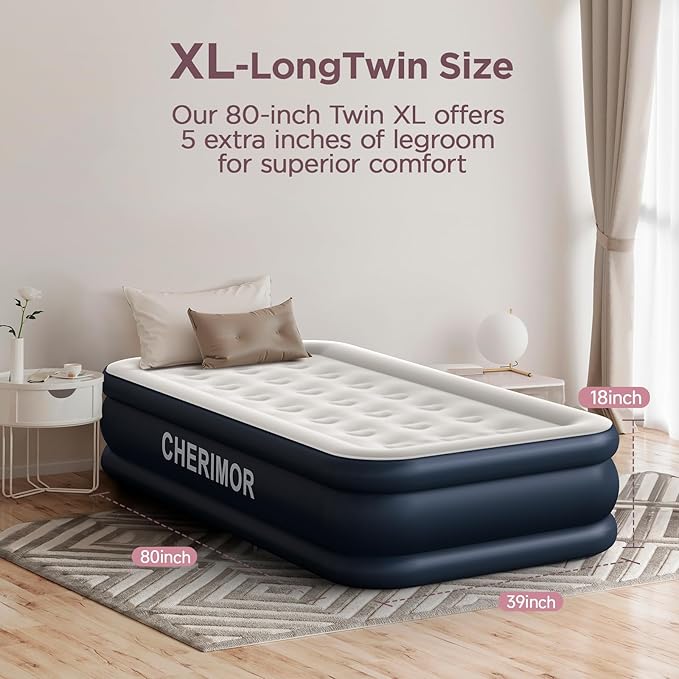 Twin XL Air Mattress with Built-in Pump, 18" Raised Comfort, 80“ Length, 48Hr Leak-Proof Test, Upgraded Honeycomb Pillar Design, Supports 500 lbs, 2-Min Inflation for Home, Guests & Camping