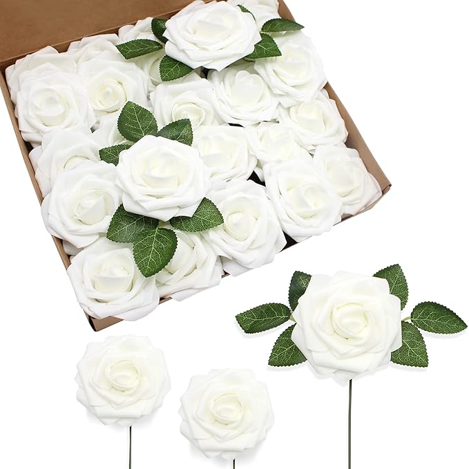 JOYLEX Artificial Flowers Realistic Roses, 100 pcs Real Looking Fake Roses with Stem for DIY Wedding Bouquets Centerpieces Bridal Shower Party Home Romantic Decorations (White)