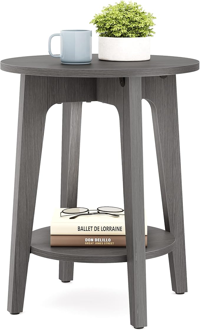 VASAGLE MAEZO Collection - Side Table, 2-Tier Small Round End Table, Nightstand with Tapered Legs, Curved Transitions, for Small Spaces, Living Room, Bedroom, Smoky Gray ULET283T68