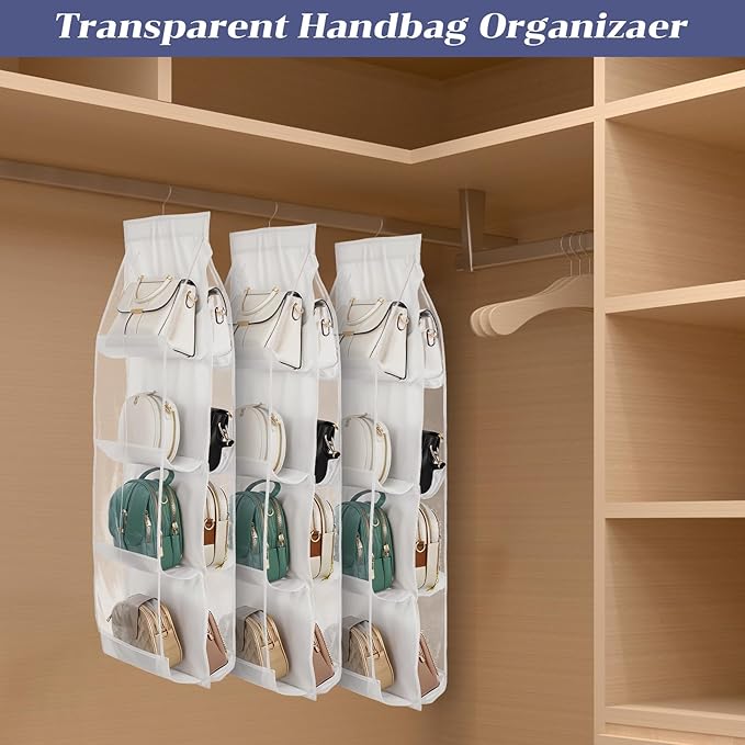 3Pack Hanging Handbag Organizer for Closet – 8 Clear PE Pockets, Space-Saving Purse Storage Holder (White, 41” x 13.5”)