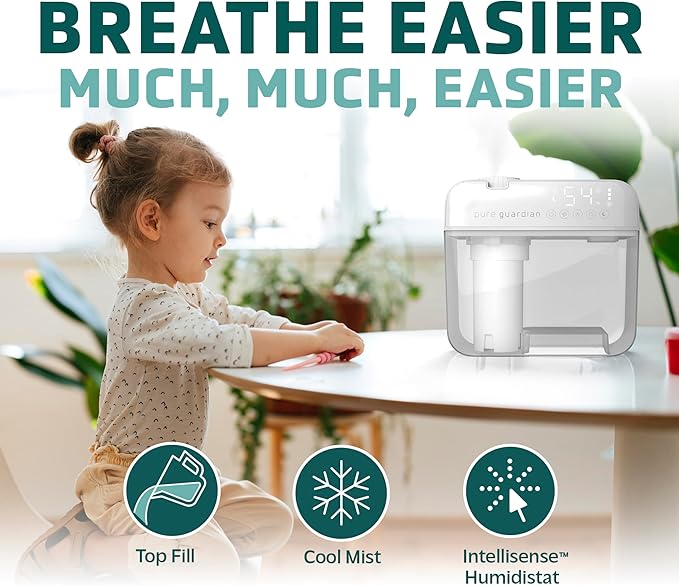 PureGuardian 1 Gallon, Cool Mist Ultrasonic Humidifier, 48-Hour Run Time, Coves 410 Sq. Ft., Humidistat, Timer, Filter Free for Bedrooms, Offices, Home, White, H1050W