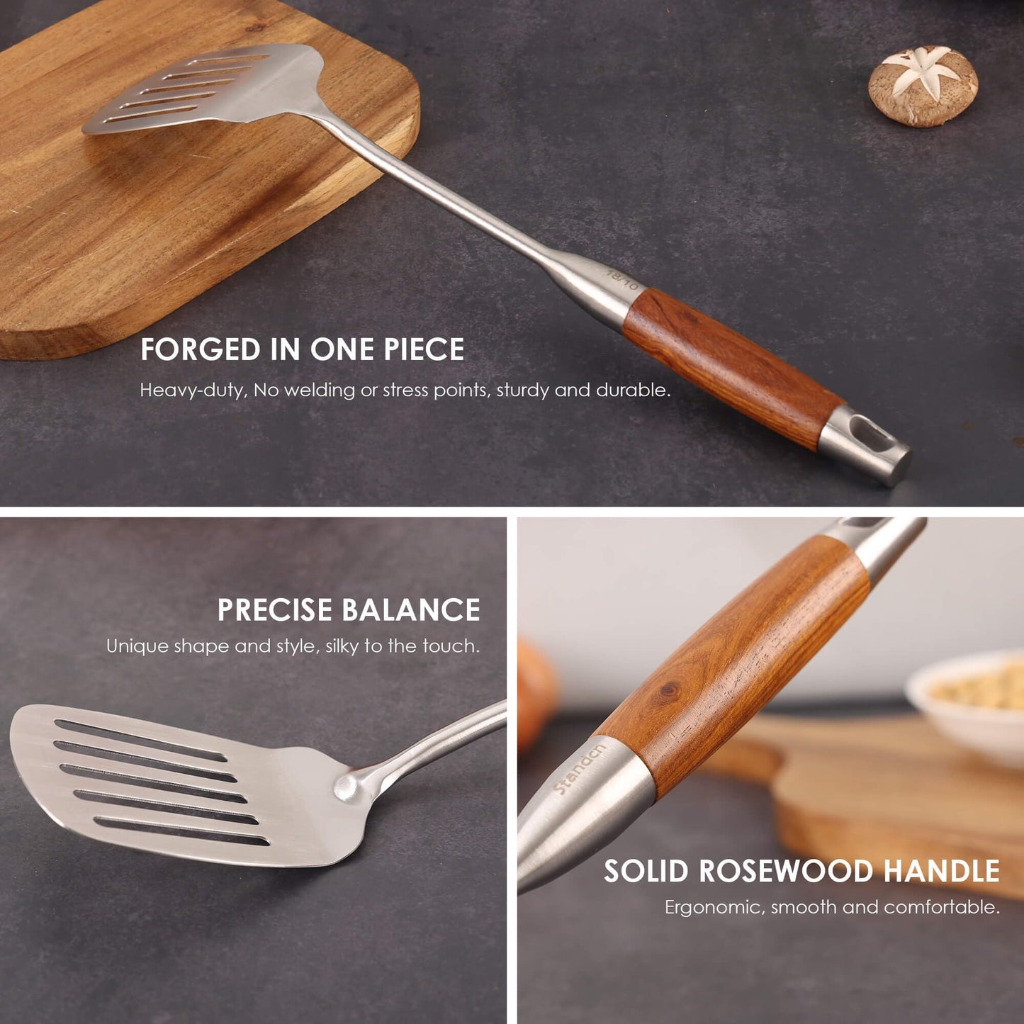 18/10 Stainless Steel Kitchen Utensils Set with Wood Handle - 15”Metal Cooking Tools & Serving Utensil, 8-Pieces Cooking Spoons Set - Spatula, Ladle, Skimmer, Turner, Pasta, Solid Spoon, Slotted Spoon