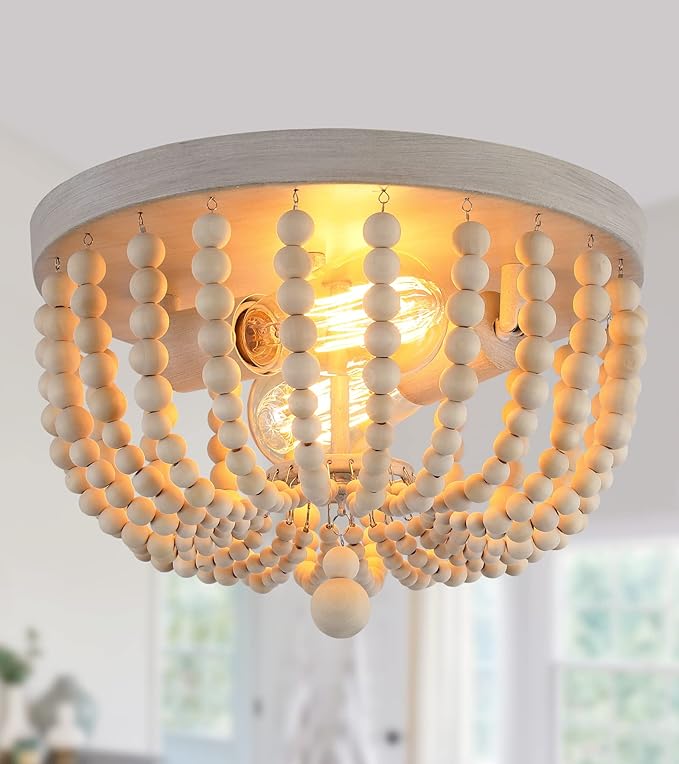 Q&S Boho Chandelier Wood Beaded Flush Mount Ceiling Light Fixtures for Nursery Baby Bedroom Kitchen Hallway,Oak White Finish,2-Lights